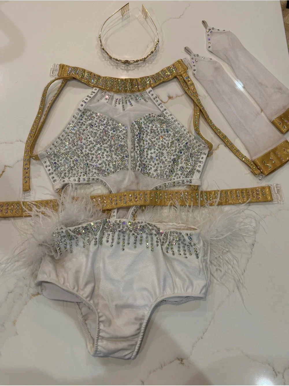Glamour CL White Crystal-Embellished Dance Costume with Gold Accent